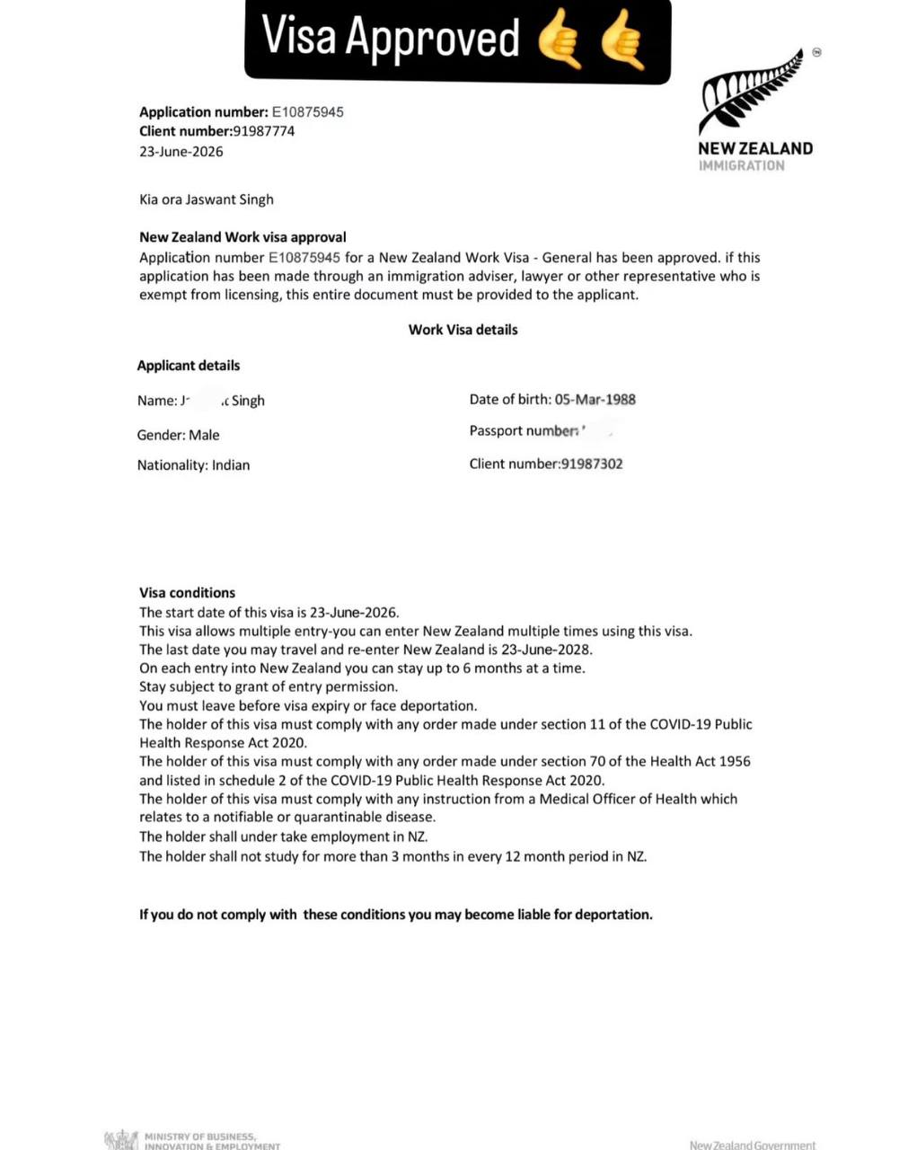 Approved visa document — Work Visa → New Zealand
